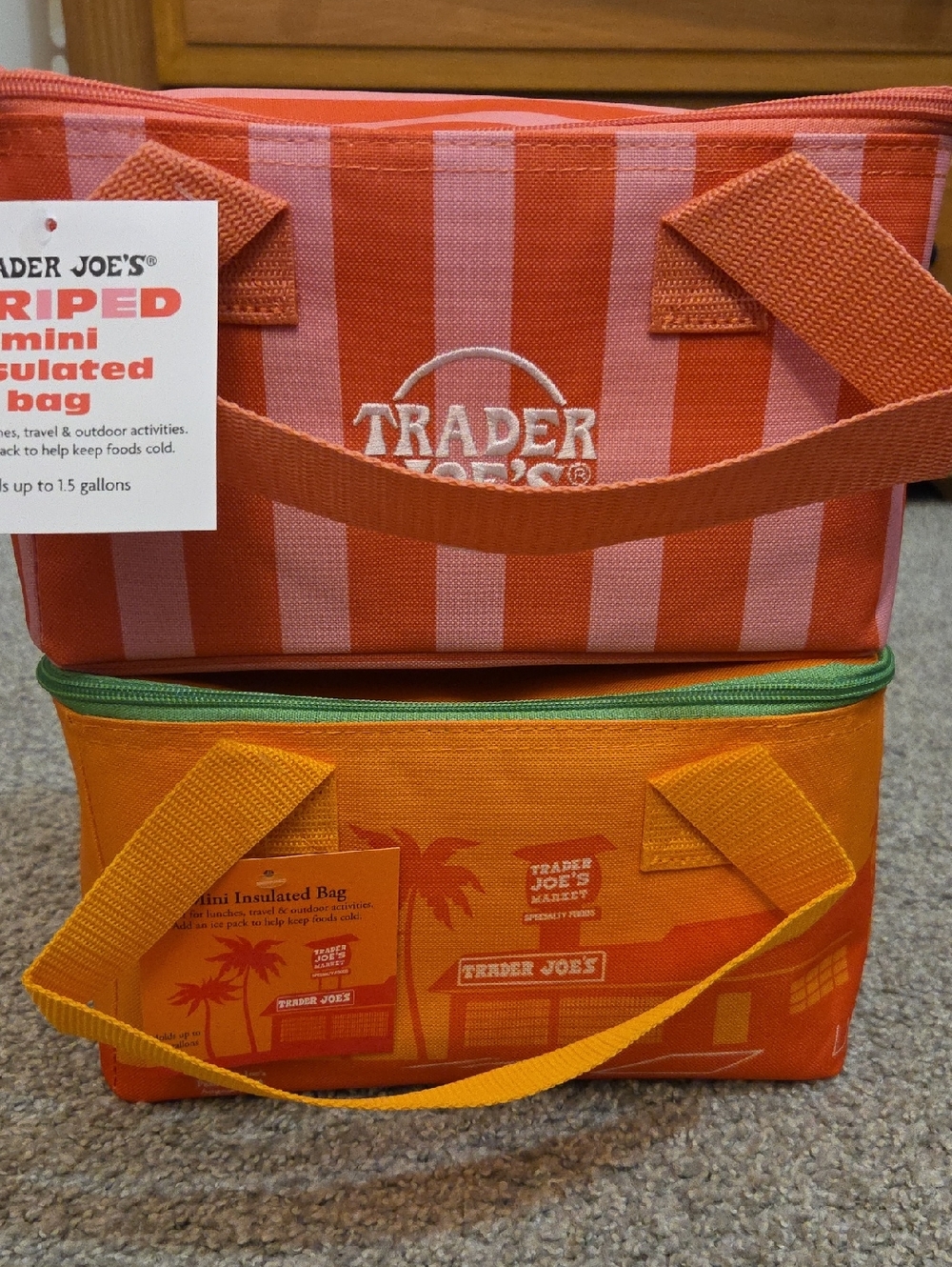Set Of 2 Trader Joe's Mini Insulated Bags - Pink Stripe And  Orange NWT